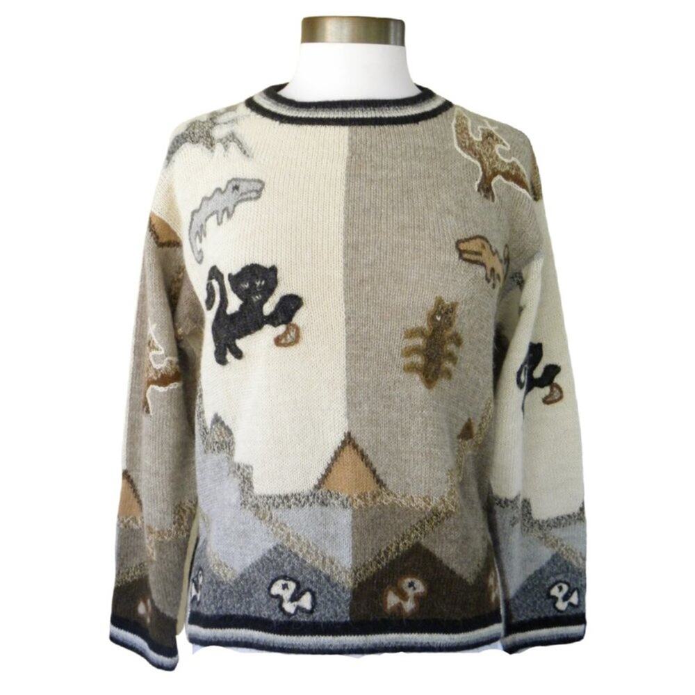 Peruvian Baby Alpaca Primitive Animal Intarsia Sweater Neutral Beige Tan Small